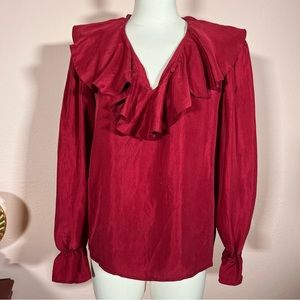 Vintage 1990 Oversized Red burgundy Spenser Jeremy Silk western Ruffle blouse M